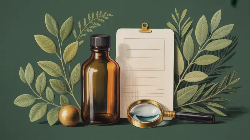 Editorial illustration of a sealed unbranded amber bottle beside a blank ingredient card and a magnifying glass.