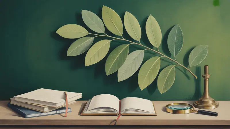 Illustration of botanical leaves, a notebook and editorial reference papers.
