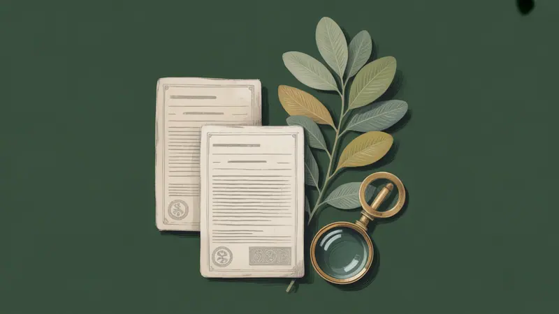 Editorial illustration of two blank document cards and a small brass magnifying glass beside a leafy branch.
