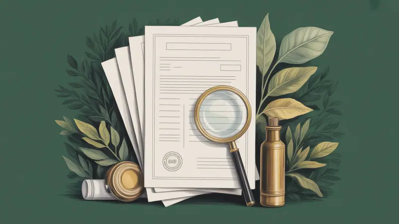 Editorial illustration of a stack of blank manufacturing documents, a magnifying glass and botanical leaves.