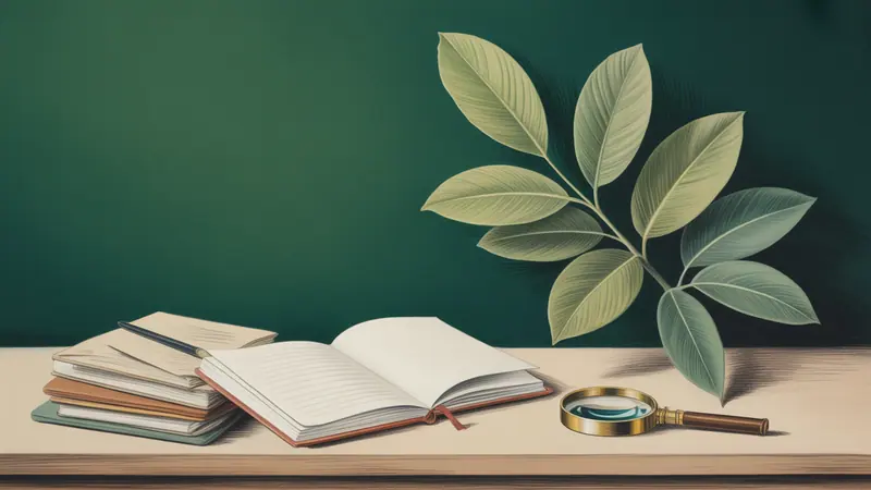 Illustration of botanical leaves, a notebook and editorial reference papers.