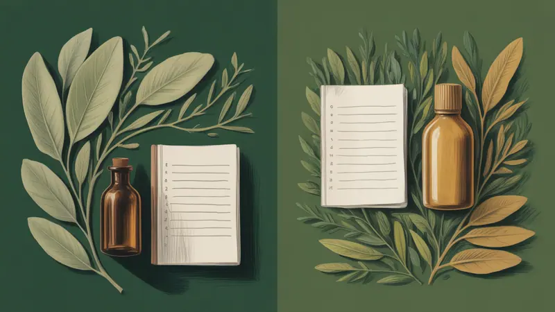 Editorial illustration of two separate still-life groups: loose dried botanical leaves and a closed amber bottle, with a blank comparison notebook between them.
