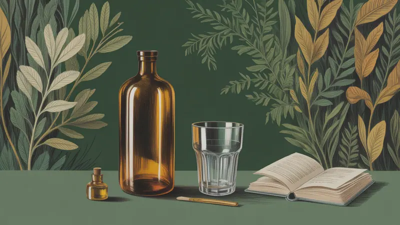 Editorial illustration of a closed unlabeled amber bottle and an empty tumbler spaced far apart, with a closed reference book between them.