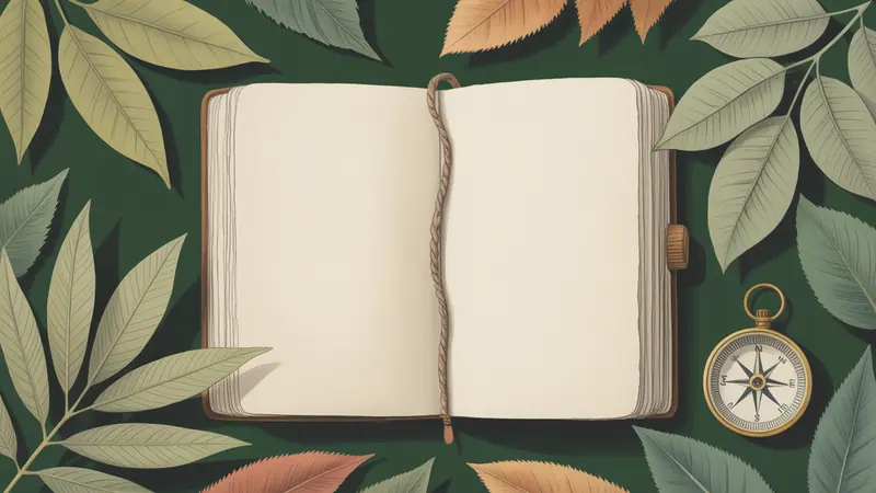 Editorial illustration of an old blank botanical field journal, dried pressed leaves, a brass compass and a softly suggested tropical forest.