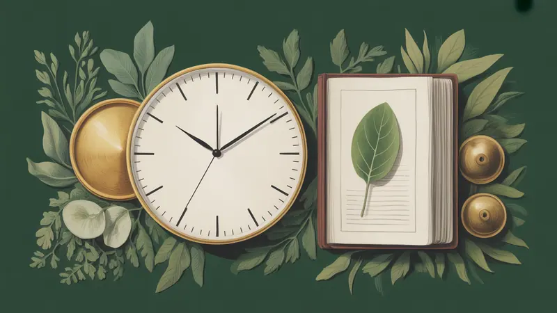 Editorial illustration of a simple unnumbered clock, a closed reference book and one botanical leaf.