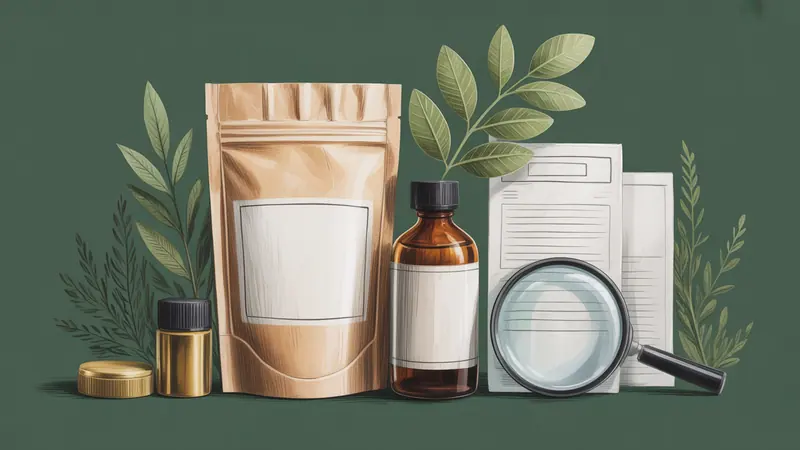 Illustration of unbranded containers and a magnifying glass for comparing product information.