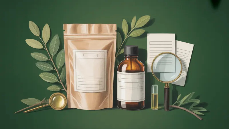 Illustration of unbranded containers and a magnifying glass for comparing product information.