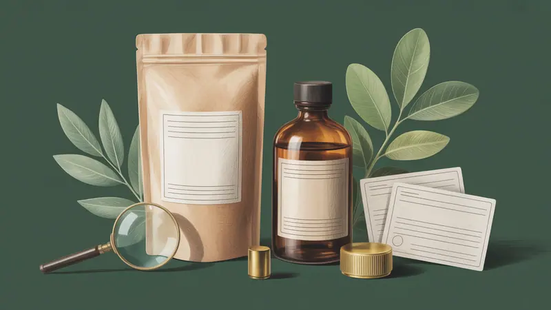 Illustration of unbranded containers and a magnifying glass for comparing product information.