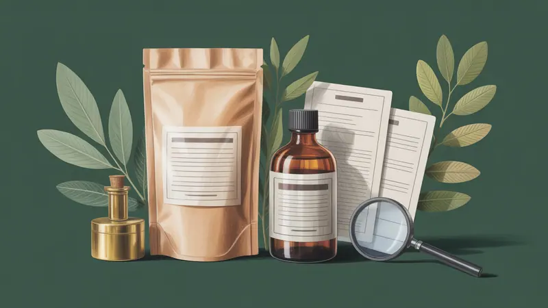 Illustration of unbranded containers and a magnifying glass for comparing product information.