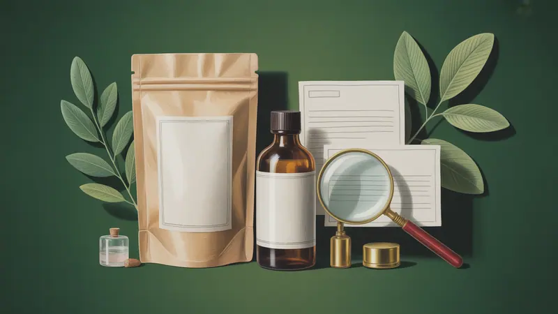 Illustration of unbranded containers and a magnifying glass for comparing product information.