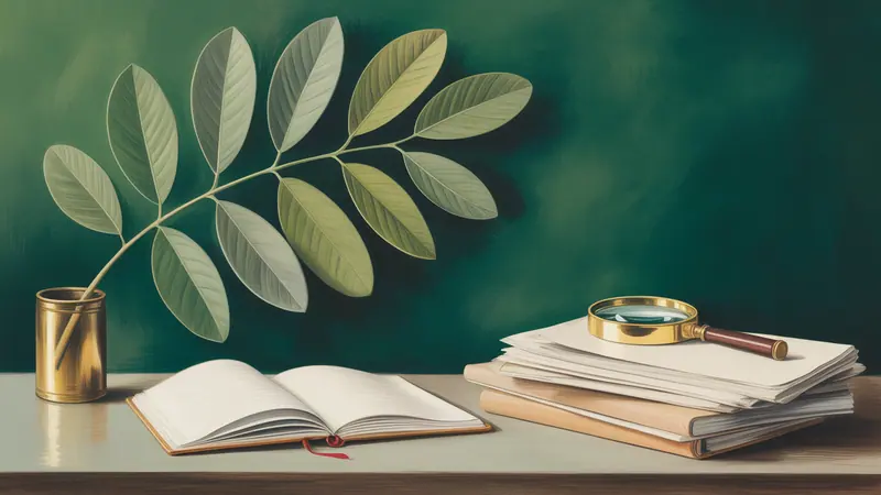 Illustration of botanical leaves, a notebook and editorial reference papers.