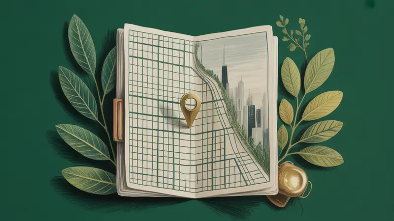 Stylized city map and botanical illustration for Chicago.