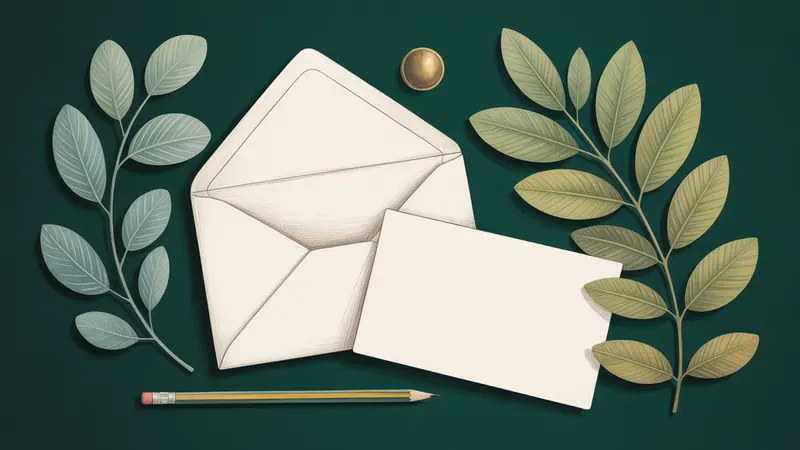 Editorial illustration of an open blank envelope, a blank note card, pencil and a leafy branch.