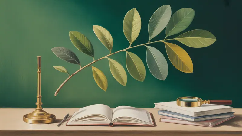 Illustration of botanical leaves, a notebook and editorial reference papers.