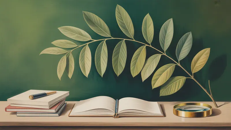 Illustration of botanical leaves, a notebook and editorial reference papers.