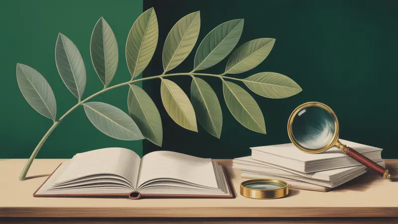 Illustration of botanical leaves, a notebook and editorial reference papers.