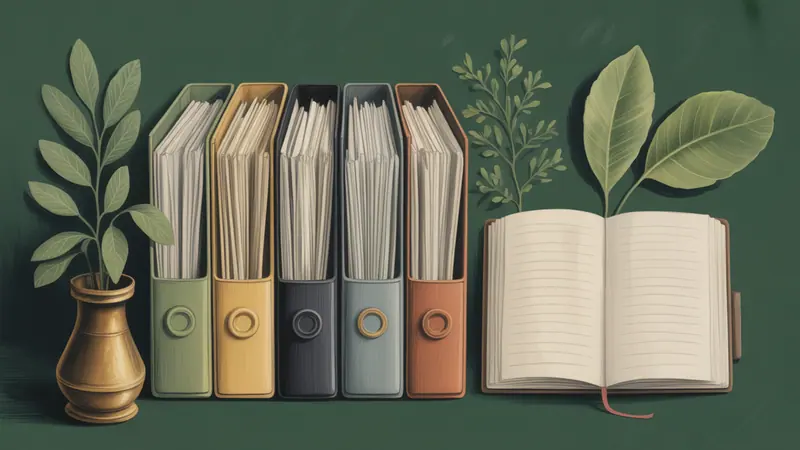 Editorial illustration of a sequence of archival file folders arranged on a desk beside a blank open notebook and a botanical leaf.