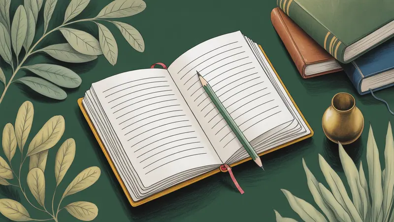 Illustration of a research notebook, reference books and botanical leaves.