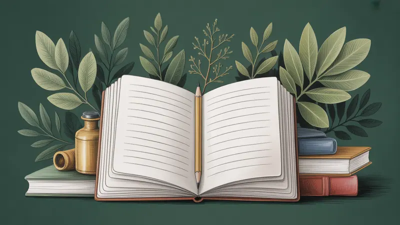 Illustration of a research notebook, reference books and botanical leaves.