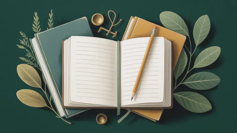 Illustration of a research notebook, reference books and botanical leaves.
