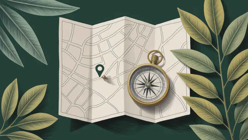Illustrated street map, compass and botanical leaves.