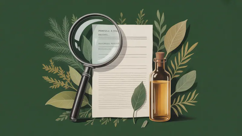 Editorial illustration of a magnifying glass, a blank laboratory report, a small amber specimen vial and a single botanical leaf.