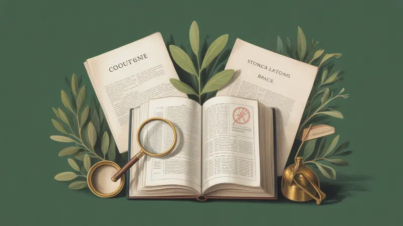 Illustrated legal reference book, source documents and botanical leaves.