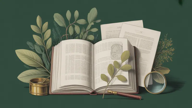 Illustrated legal reference book, source documents and botanical leaves.