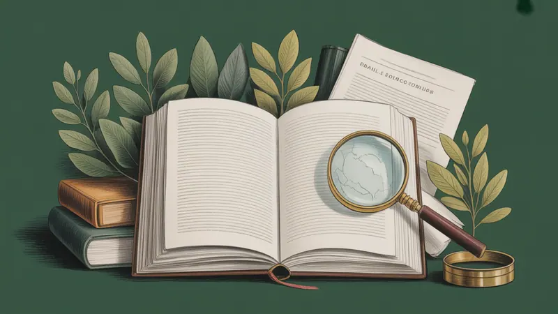 Illustrated legal reference book, source documents and botanical leaves.