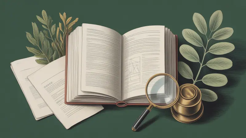Illustrated legal reference book, source documents and botanical leaves.