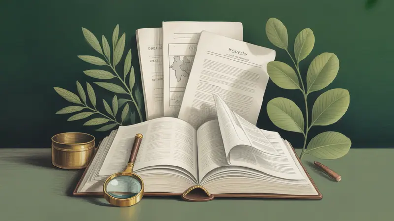 Illustrated legal reference book, source documents and botanical leaves.