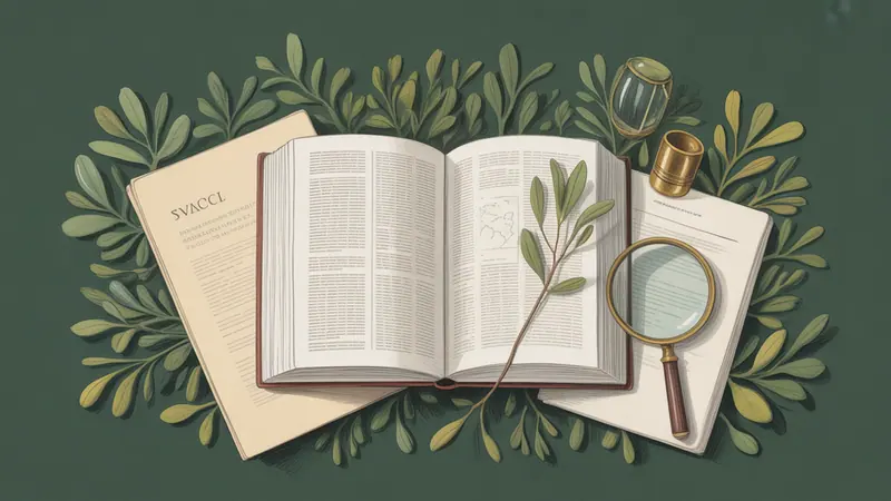 Illustrated legal reference book, source documents and botanical leaves.