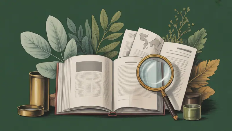 Illustrated legal reference book, source documents and botanical leaves.