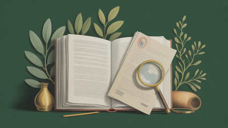 Illustrated legal reference book, source documents and botanical leaves.