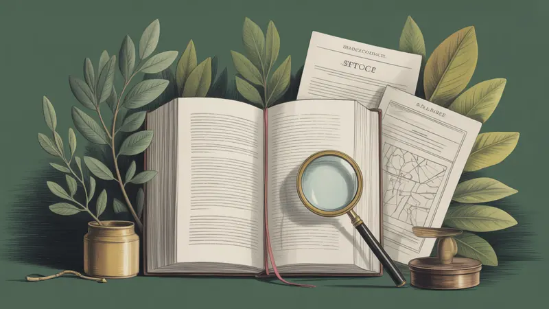 Illustrated legal reference book, source documents and botanical leaves.