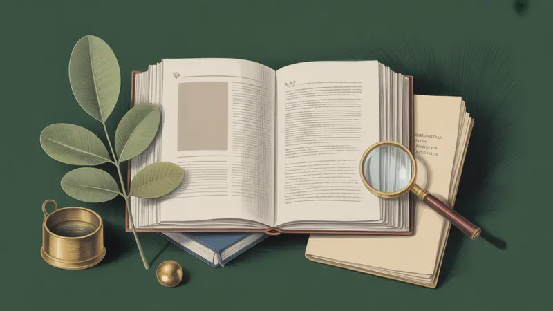 Illustrated legal reference book, source documents and botanical leaves.