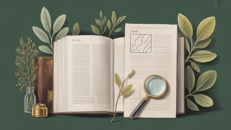 Illustrated legal reference book, source documents and botanical leaves.