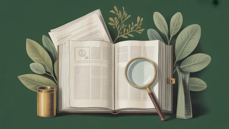 Illustrated legal reference book, source documents and botanical leaves.