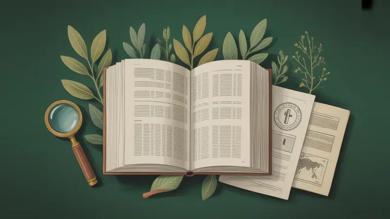 Illustrated legal reference book, source documents and botanical leaves.