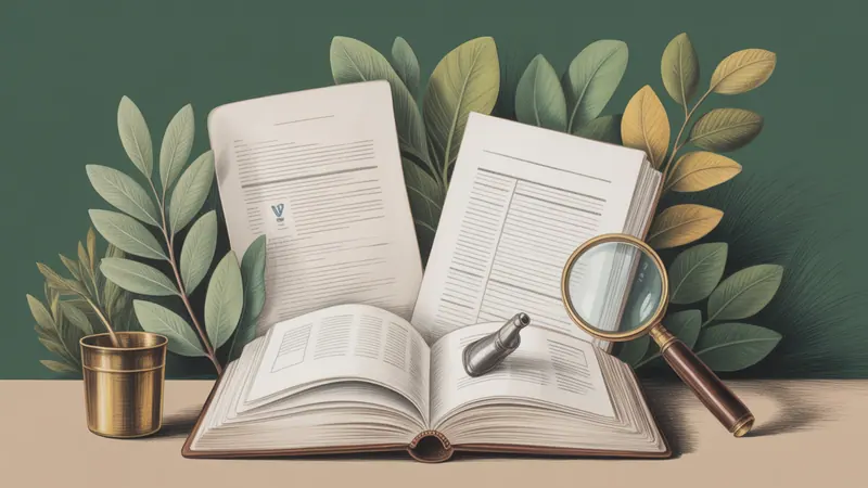 Illustrated legal reference book, source documents and botanical leaves.