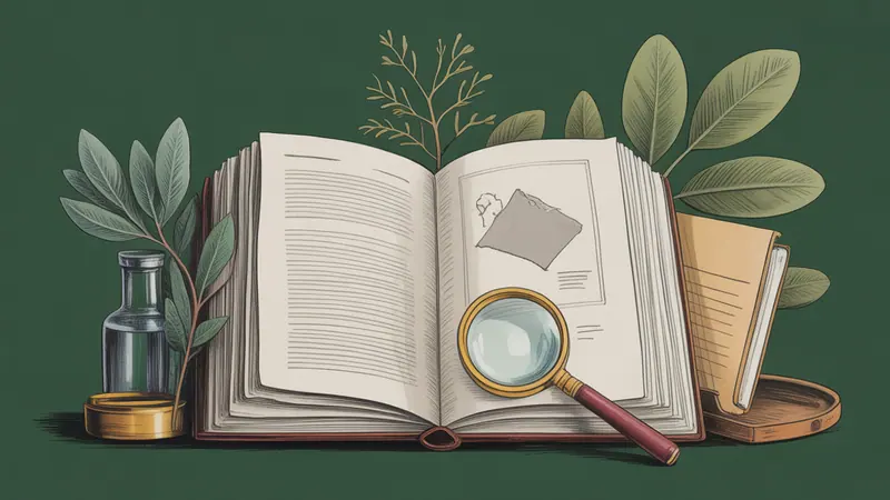 Illustrated legal reference book, source documents and botanical leaves.