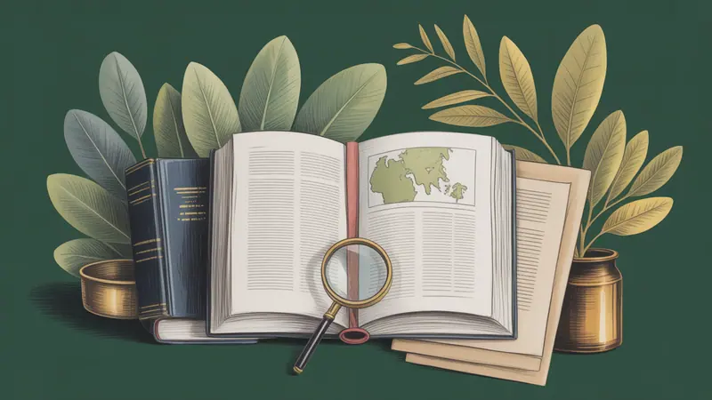 Illustrated legal reference book, source documents and botanical leaves.