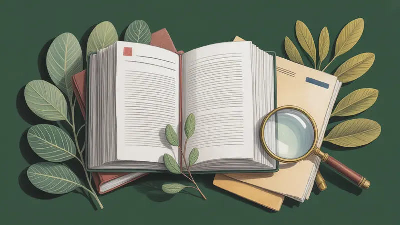 Illustrated legal reference book, source documents and botanical leaves.