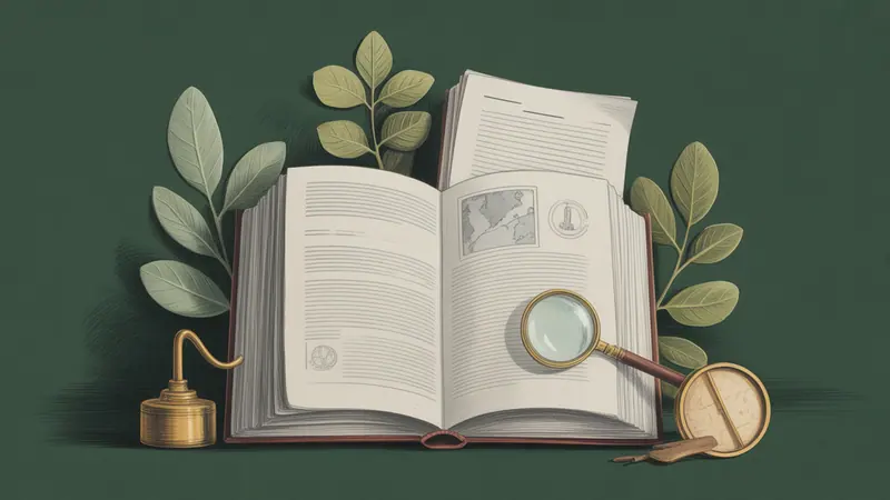 Illustrated legal reference book, source documents and botanical leaves.