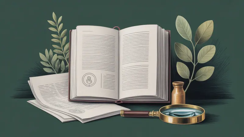 Illustrated legal reference book, source documents and botanical leaves.