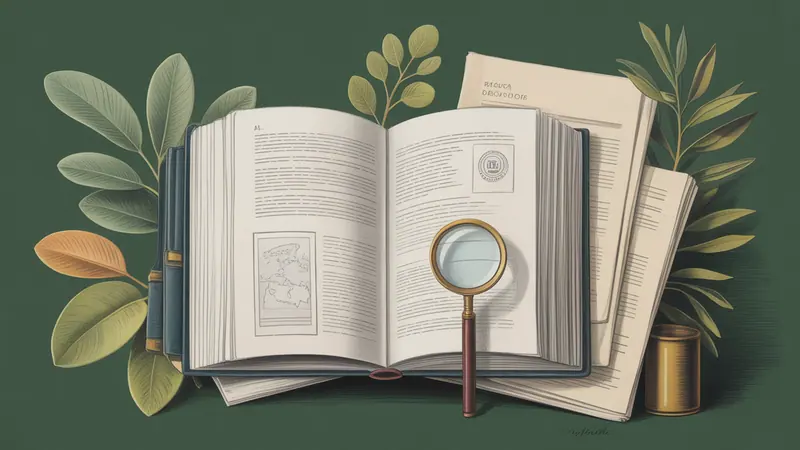 Illustrated legal reference book, source documents and botanical leaves.