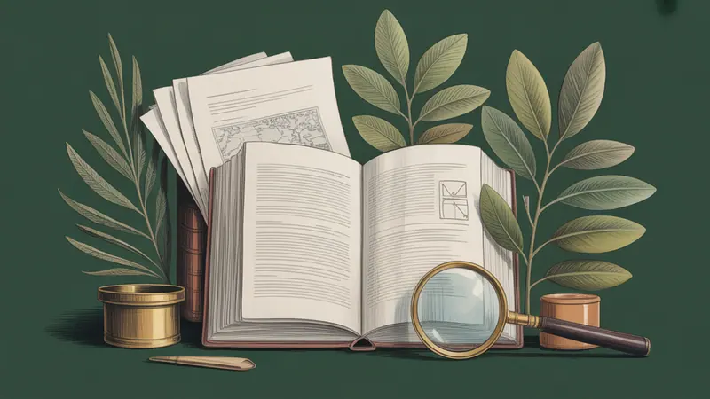 Illustrated legal reference book, source documents and botanical leaves.