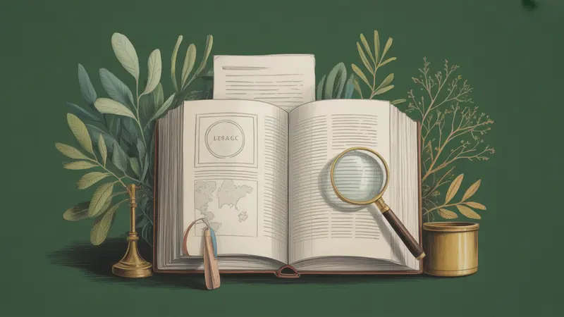 Illustrated legal reference book, source documents and botanical leaves.