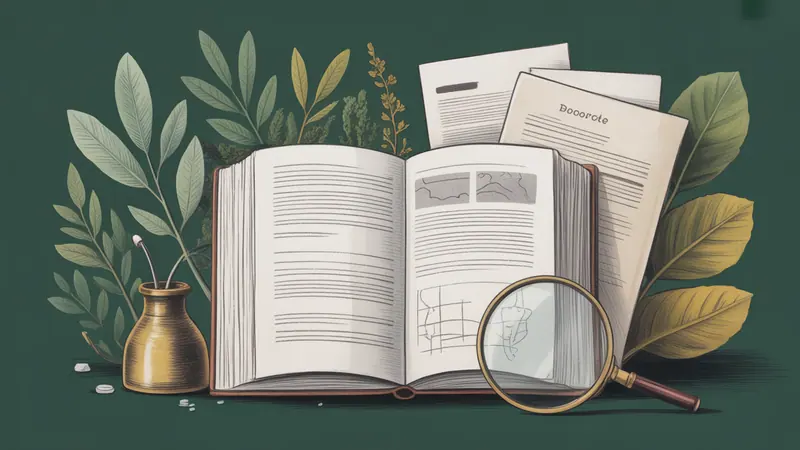 Illustrated legal reference book, source documents and botanical leaves.