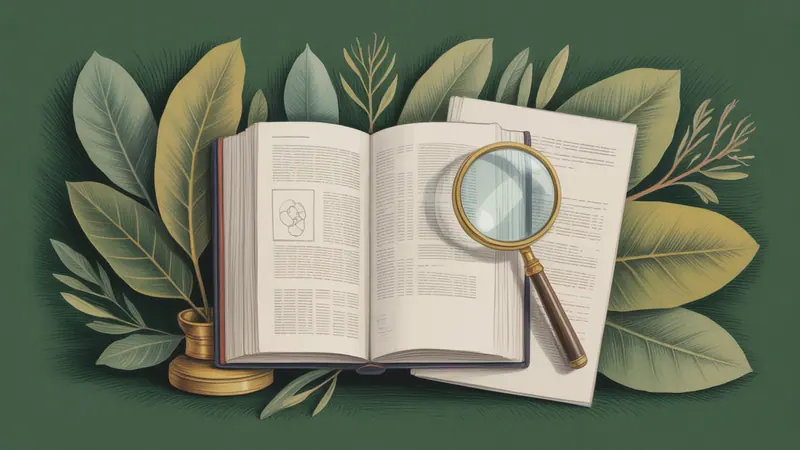 Illustrated legal reference book, source documents and botanical leaves.
